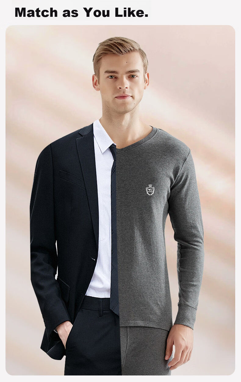 SEPTWOLVES [Antibacterial] Men's Autumn And Winter Thermal Underwear Set, Pure Cotton V-Neck Long Johns And Pants 13