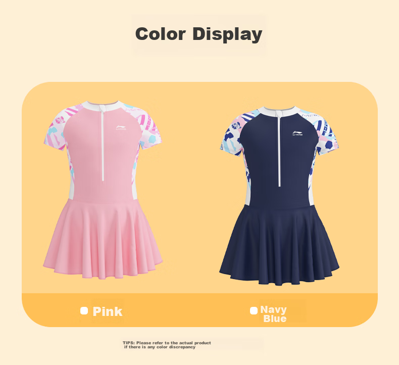 Li-Ning Children's Swimsuit, Girls' One-Piece Dress-Style Boyshort Swimwear, Comfortable Quick-Dry Swimming Hot Spring Swimwear 733 Navy Blue 160 16