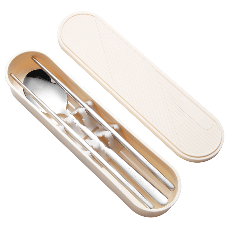 MAXCOOK 316L Stainless Steel Chopsticks And Spoon Cutlery Set, Portable Three-Piece Chopsticks And Spoon Set, Cream White MCGC9296