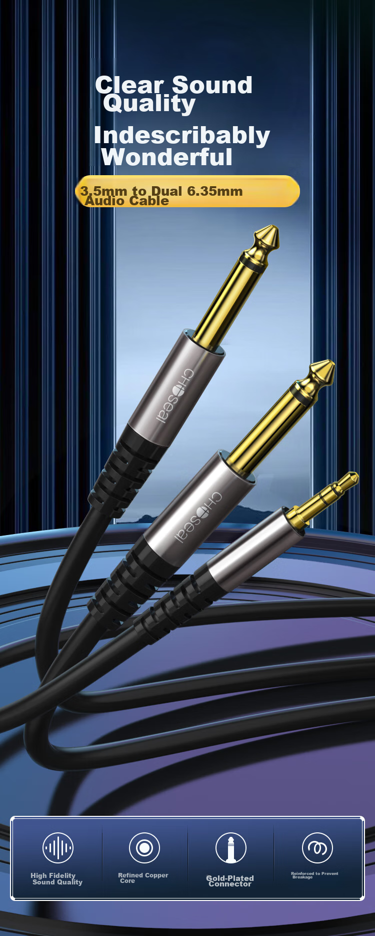 CHOOSEAL (CHOSEAL) 3.5mm to Dual 6.5mm Audio Cable, 6.35 Large Two-Core One-To Adapter Cable, Phone Computer Mixer Speaker Connection Cable, 2 Meters, QAD20BKT2 1