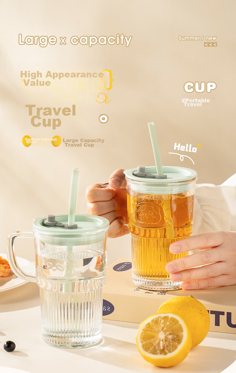 CAIZHI Glass Cup with Lid And Handle, Office Water Bottle with Straw, Large Capacity Cup, Transparent Mint Green CZ6940 1