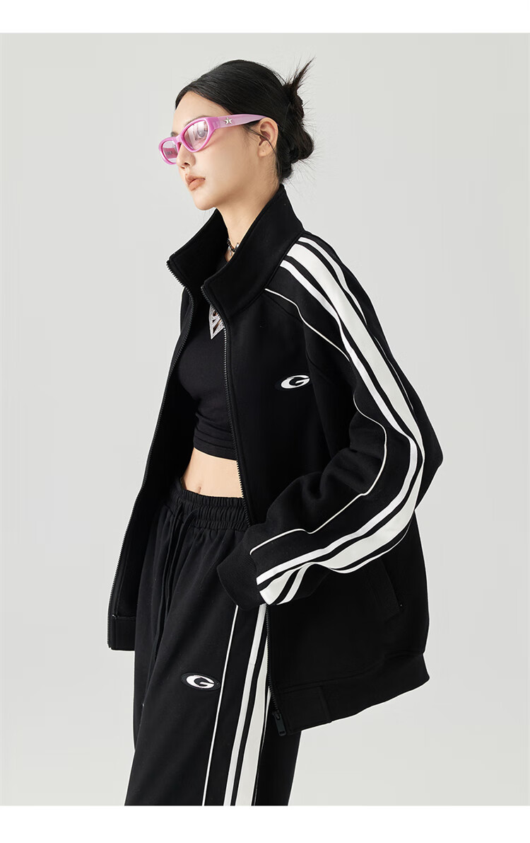 GOLFCROSS Trendy Couple's Style, Preppy Striped Contrasting Color Stand-Up Collar Loose Cardigan Sweatshirt Jacket, White, XL 8