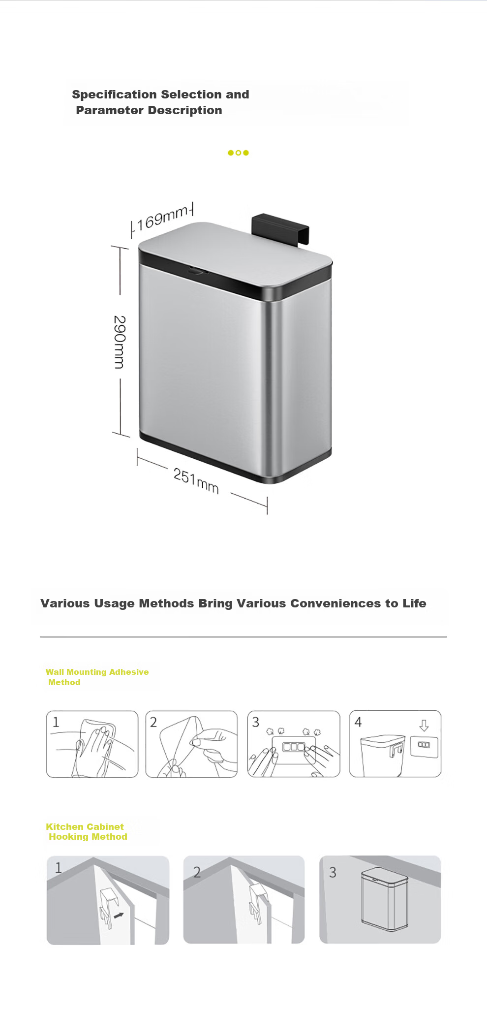 EKO Wall-Mounted Trash Can, 7L Cream White, Household with Lid, Stainless Steel, for Kitchen And Bathroom, Large Size, Recommended by Zhang Ruoyun, Model 9008 11