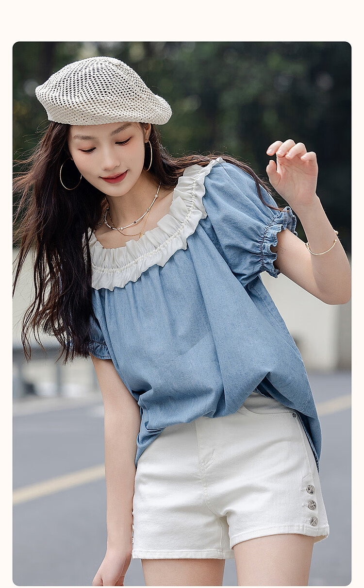Dme [Gentle Healing] Summer Korean-Style Elastic One-Shoulder Round Neck Convertible Shirt, Slimming Denim Blouse Women's Top 2