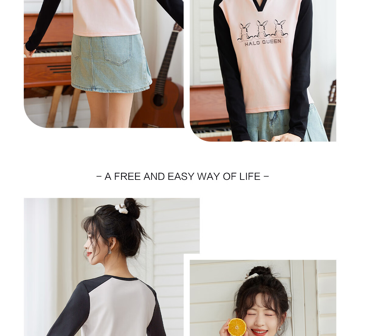Halo Queen Long-Sleeve T-Shirt for Women, Wilderness Maillard Style Spring And Autumn Raglan Sleeve Rabbit Base Shirt Casual New Product H143T2017 11
