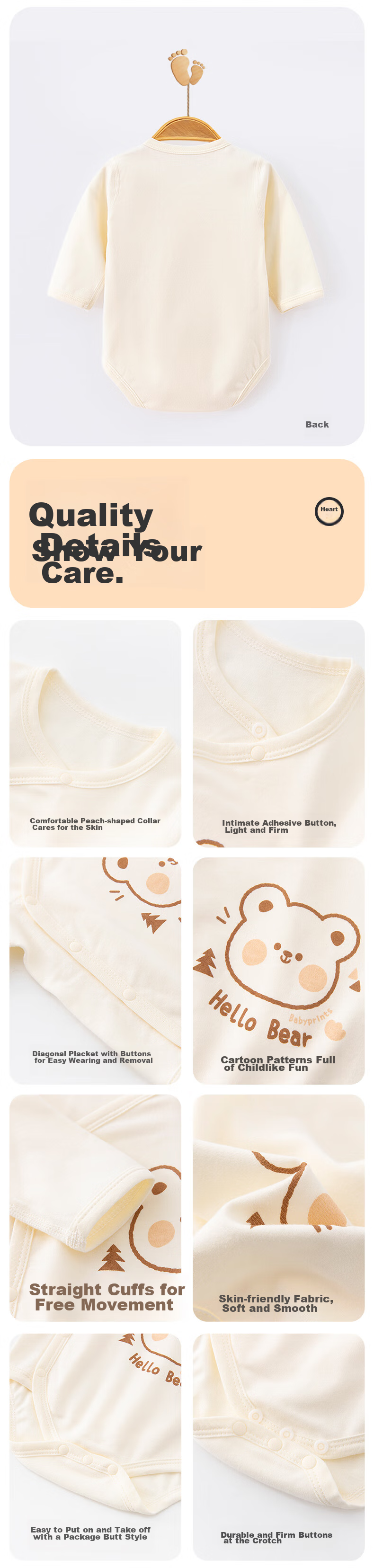 Babyprints Infant Romper, Long-Sleeve Bodysuit for Baby Boys And Girls, All-Season Home Sleepwear, Belly Protection Triangle Onesie, Bear Pattern, Size 73 5