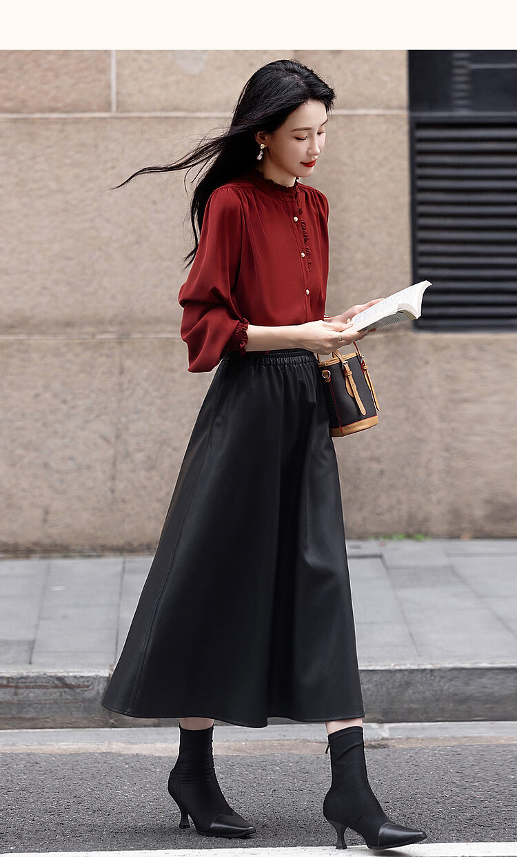 Dme [Ruched Shiny Blouse] Spring And Autumn French Style Women's Elegant Ruffle Stand Collar Pleated Blouse Women's Top 23