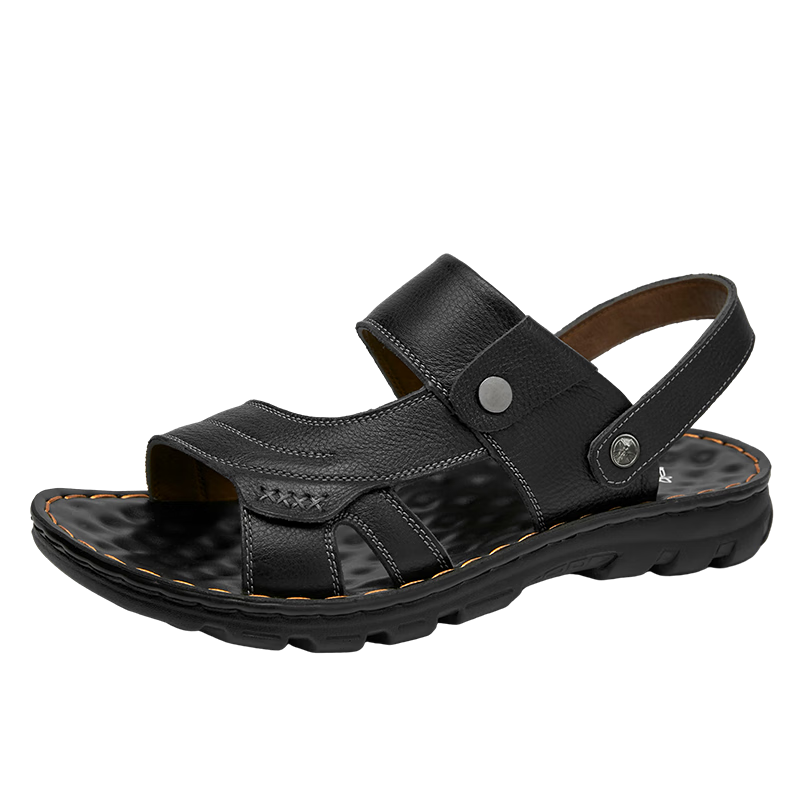 MEXICAN Top-Grain Leather Beach Sandals for Men, Breathable Slip-On Slippers, Casual, Black, Size 39