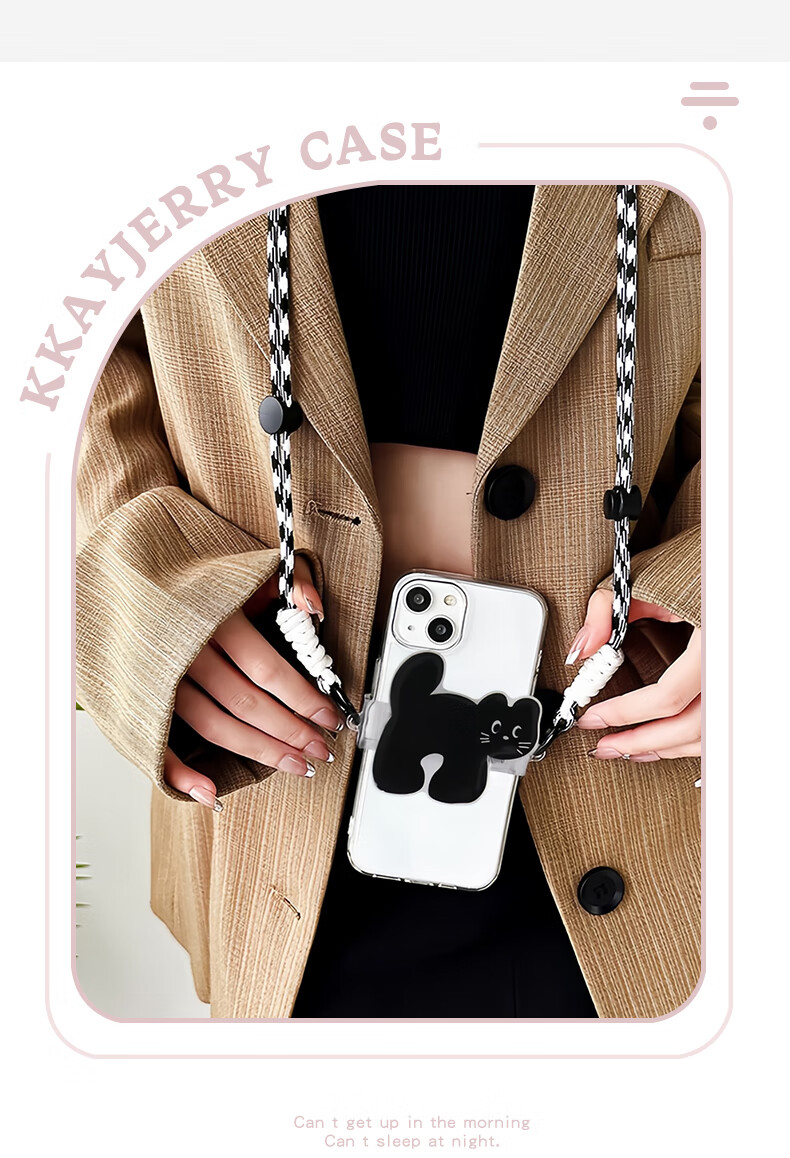 Dipuer Detachable Phone Strap with Adjustable Crossbody Sling, Neck Strap, Anti-Loss And Drop Protection, Cartoon Design, Suitable for All Phones, Black Cat 6