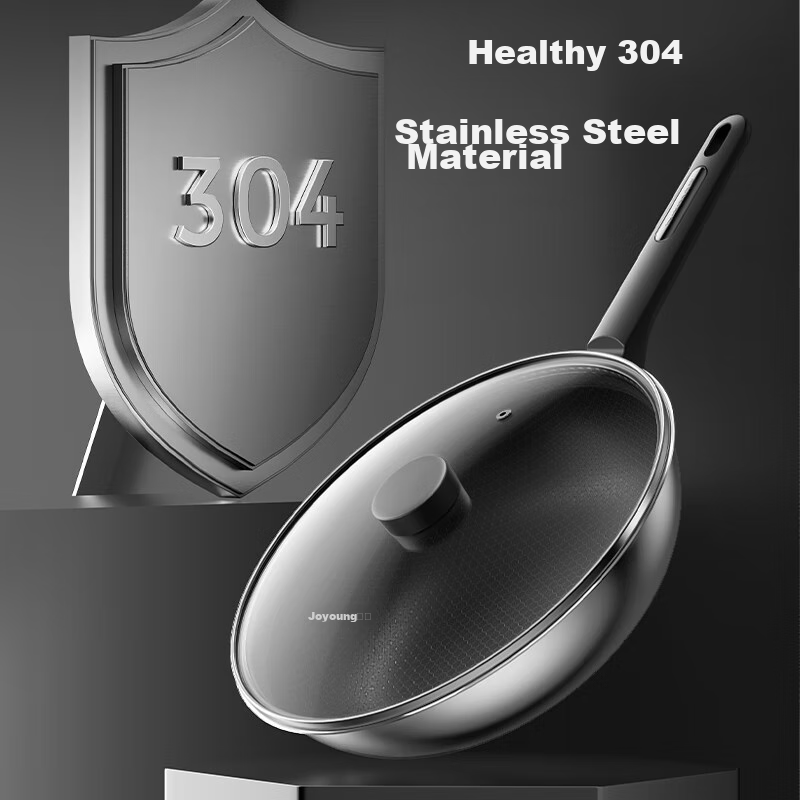 Joyoung Wok, 304 Stainless Steel Honeycomb Non-Stick Frying Pan, Flat-Bottom Skillet, Suitable for All Stoves, 30cm