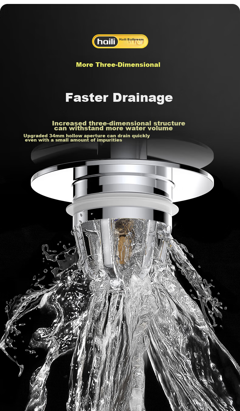 Haili Copper Washbasin Drain Stopper, Bathroom Cabinet Anti-Odor Push-Button Drain, Spring-Loaded Filter Cartridge, Universal X12 8