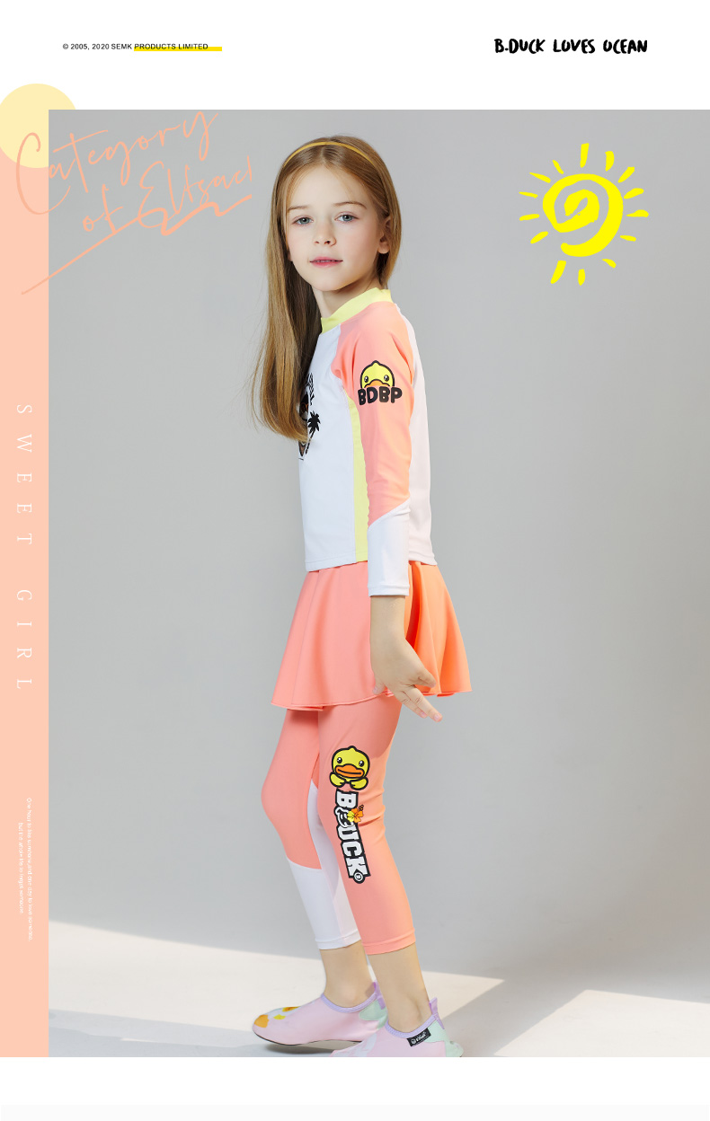 B.Duck Children's Two-Piece Swimsuit, Girls' Sun Protection Surfing Suit with Long Sleeves And Pants, Warm Hot Spring Swimwear 2