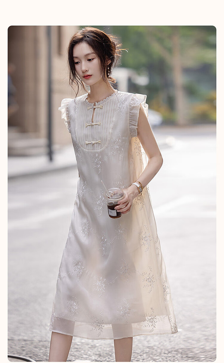 Dme [Yuhu Bingxin] Spring And Autumn Style New Chinese Embroidered Button Closure Water-Soluble Lace Trim Short Flutter Sleeves Dress for Wome 2