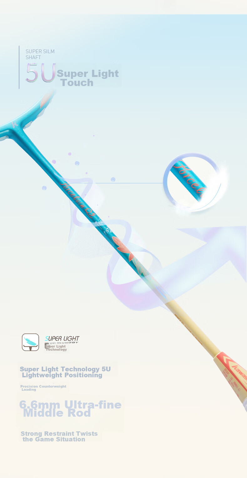 Kawasaki Badminton Racket, Full Carbon Fiber Single Racket, Goddess Blue Porcelain, Advanced Racket Q5 Qingcheng Yuna Huda Blue (Pre-Strung) 4