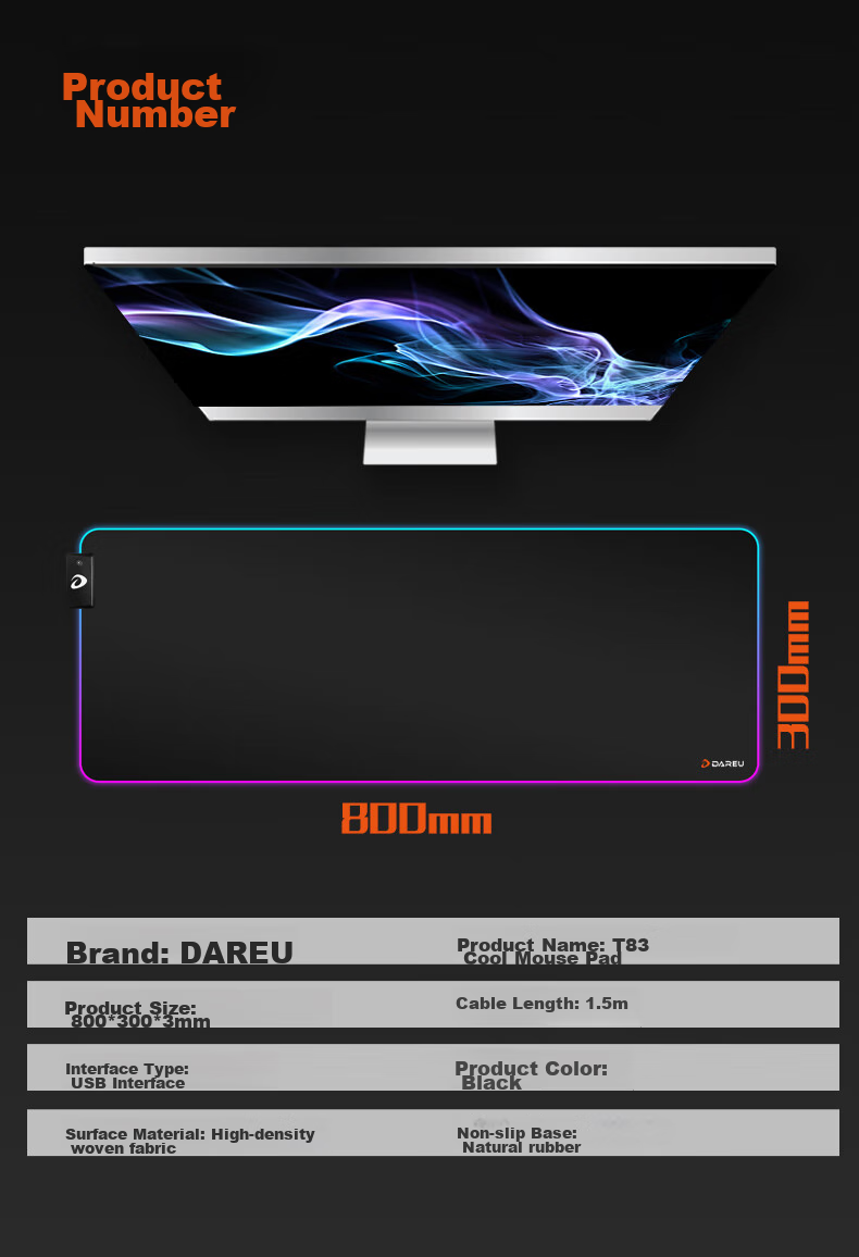 DAREU PE-T83 Professional Gaming Cool RGB Light-Up Mouse Pad Large Size 800*300*3mm USB Interface Thickened Edge-Locked Smooth Computer Desk Pad 9
