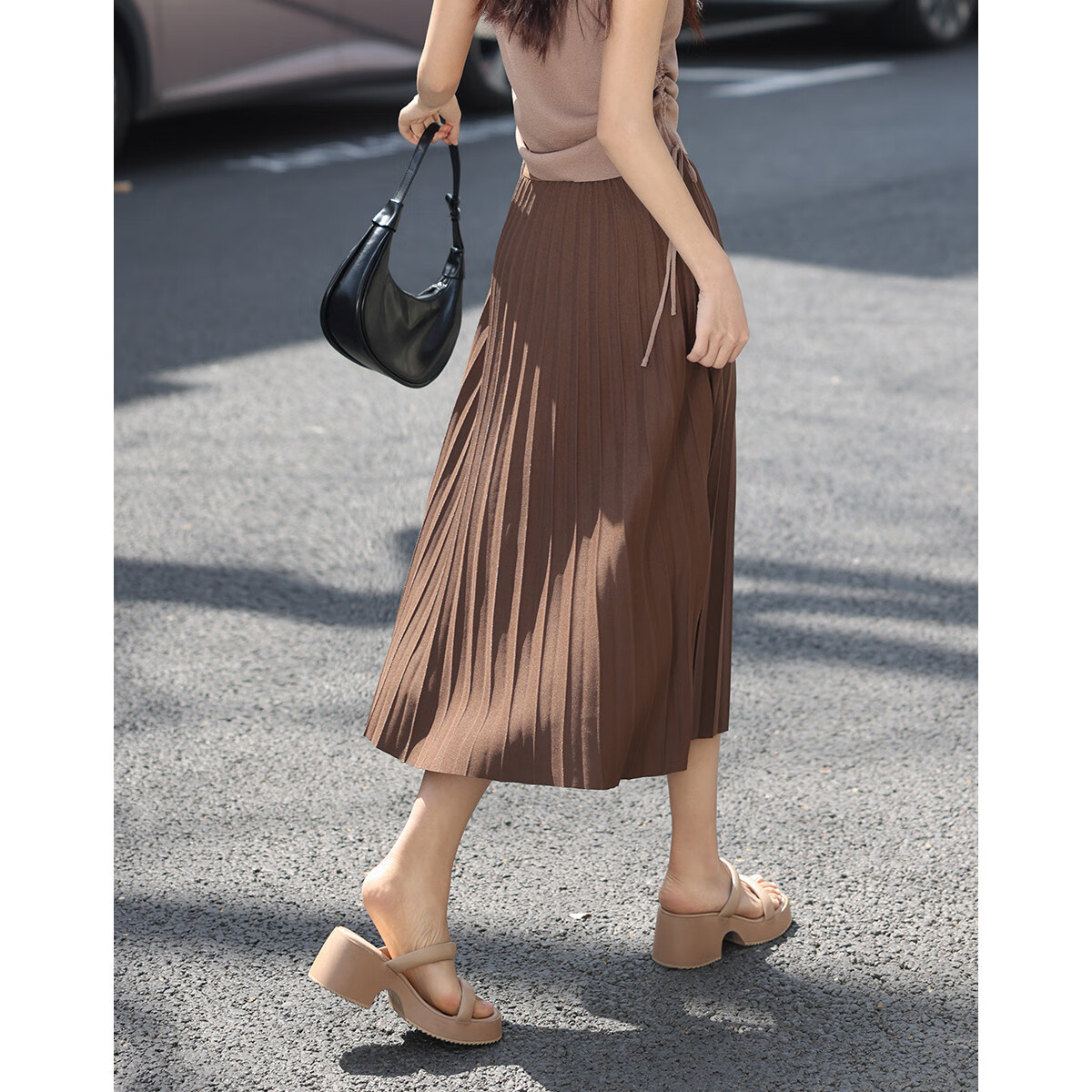 Dme Elastic Waist Casual Elegant Pleated Skirt, Coffee Color, Size M