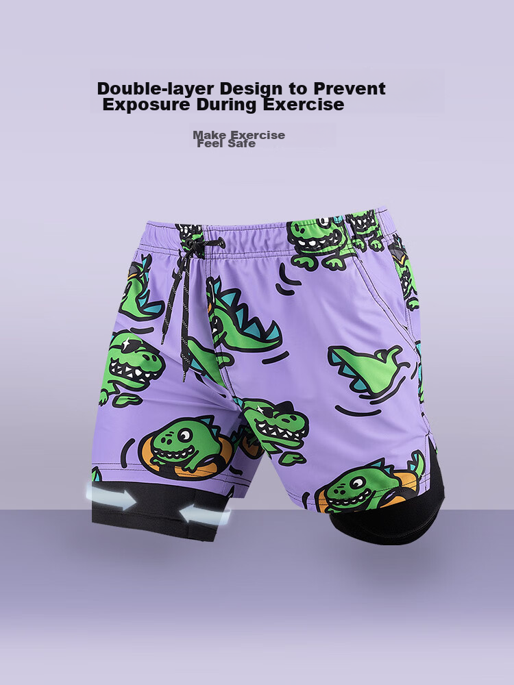 Sulang Hot Spring Swim Trunks for Men, Double-Layer Surfing Beach Swimming Anti-Embarrassment Dinosaur Bath [Double-Layer Swim Trunks] M 3
