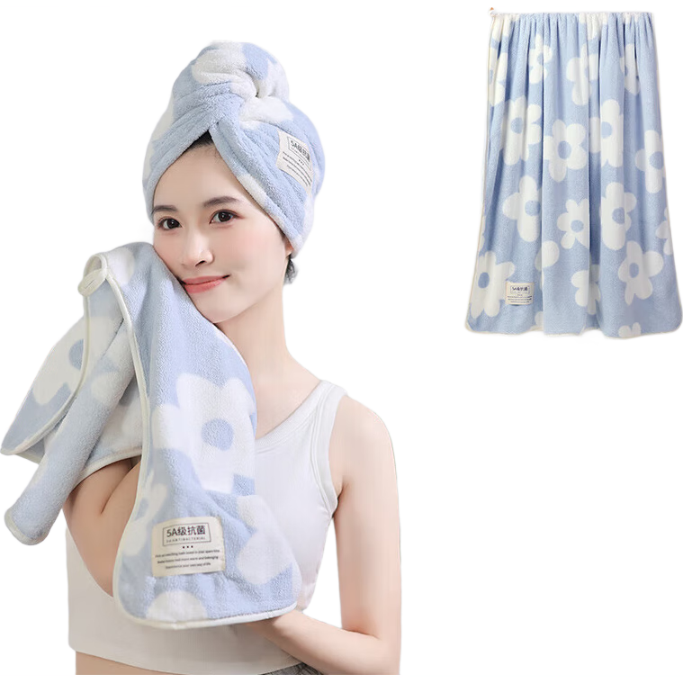 Grace 7A Antibacterial Bath Towel for Women, Home Use Adult Absorbent Wrap Towel Quick-Drying Towel Bath Towel Hair Drying Cap, Sapphire Blue Three-Piece Set