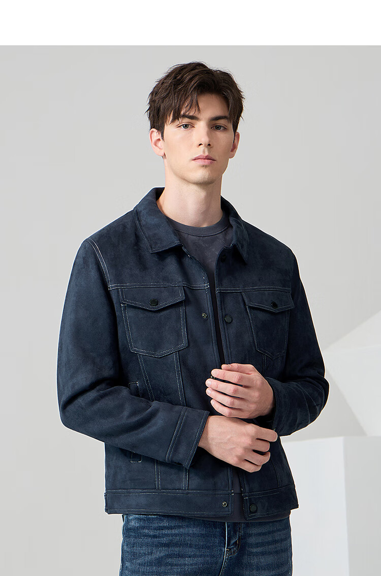 DANCING WOLVES [Suede] Jacket for Men, Versatile Lapel Jacket, Comfortable And Stylish Coat for Men, 102 Dark Blue, Size 165 11