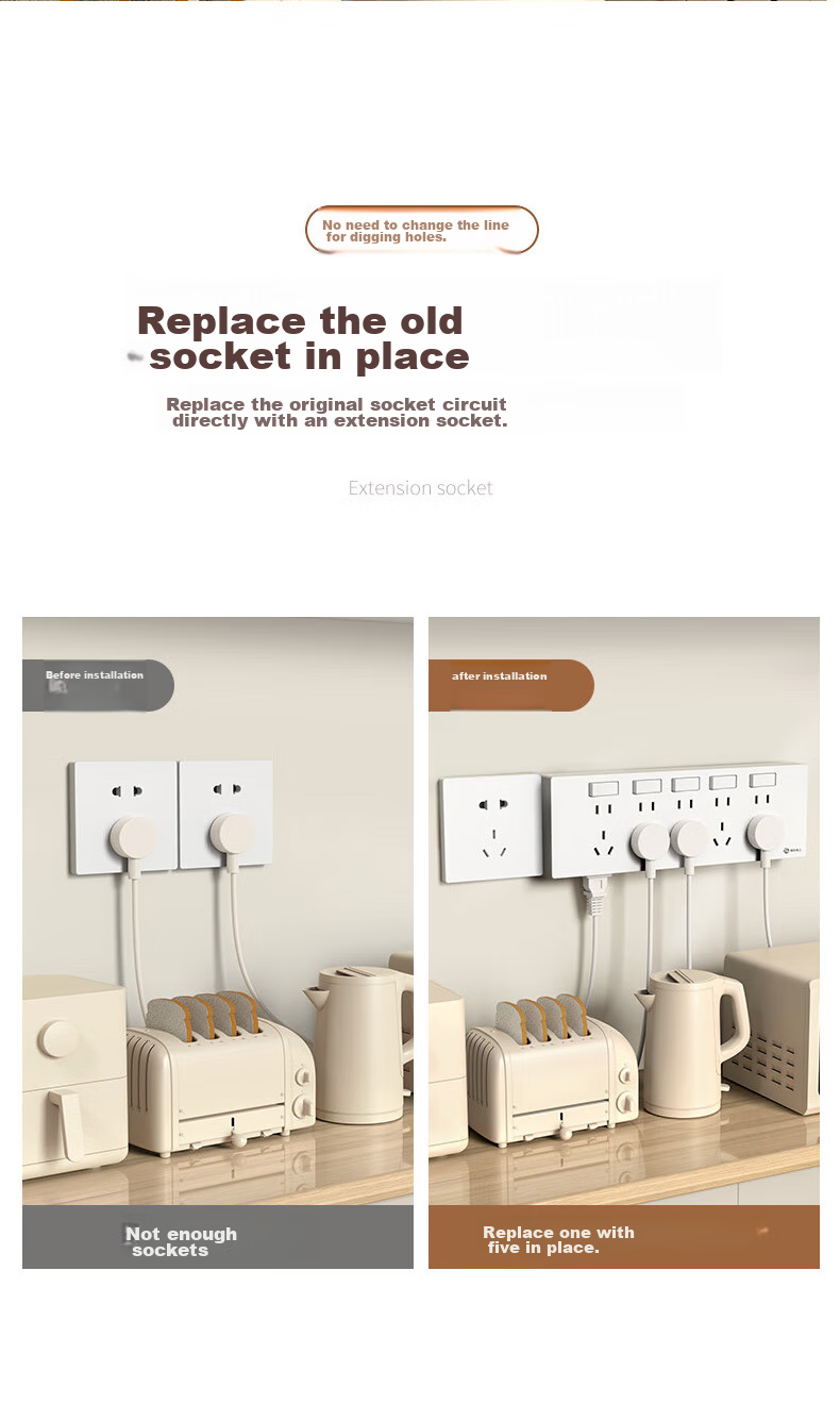 FDD Concealed Expandable Socket, 86-Type Converter, Extended Socket Panel, One Switch with Five Holes, One-To Converter, [White-35 Holes] Left Expansion + Independent Switch 2