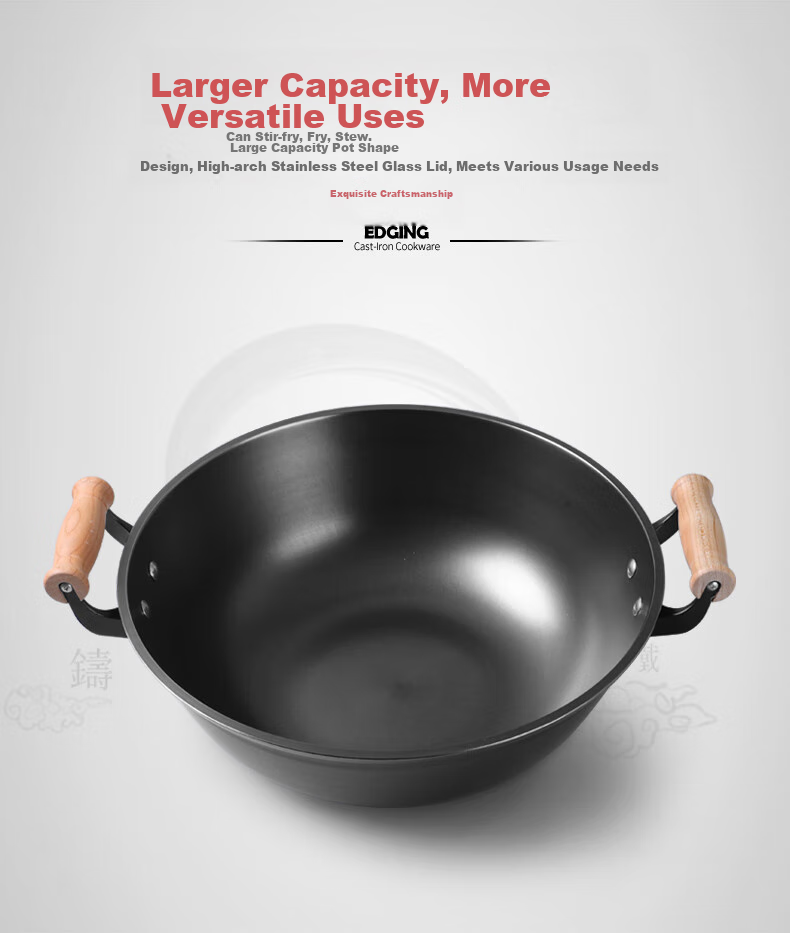 Dianjiang Cast Iron Wok, 34cm Traditional Uncoated Stir-Fry Pan, Non-Stick, Household Flat-Bottom Raw Iron Frying Pa 2