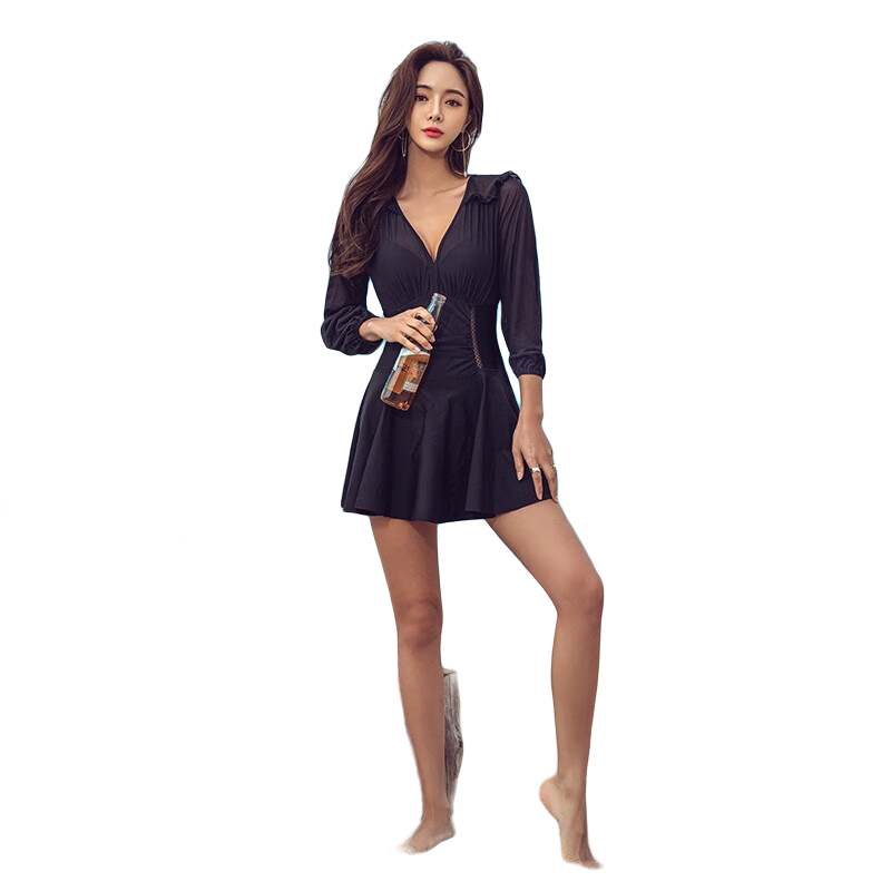 Sanqi Women's Swimsuit, Slimming, Tummy-Covering, Conservative One-Piece Dress, Fairy Style, Long Sleeves, Sexy, Hot Spring And Beach Swimming Costume, Black XXL