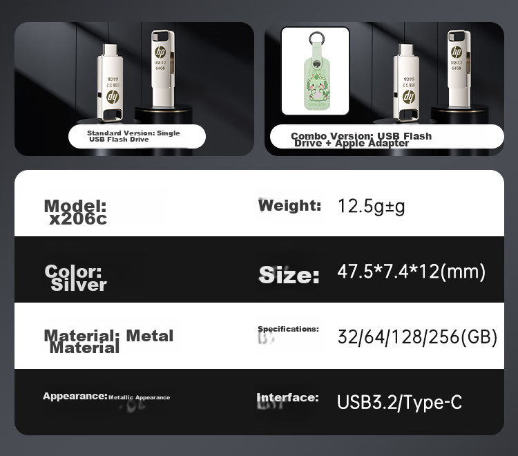 HP 128GB Type-C USB3.2 Gen1 Flash Drive with Longyuan Logo And X206c Skin, Read Speed up to 200MB/s, Dual Interface for Study, Office, Mobile Phone And Computer Use 3