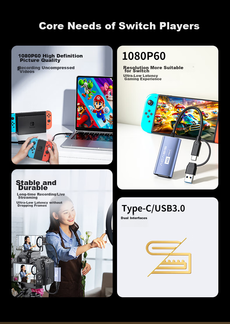 Acasis Video Capture Card for Switch/PS5/Smartphones/Tablets IPad/Cameras, 1080P HD Live Streaming Capture Device MS2130, Game Screen Casting And Recording VC-002 3