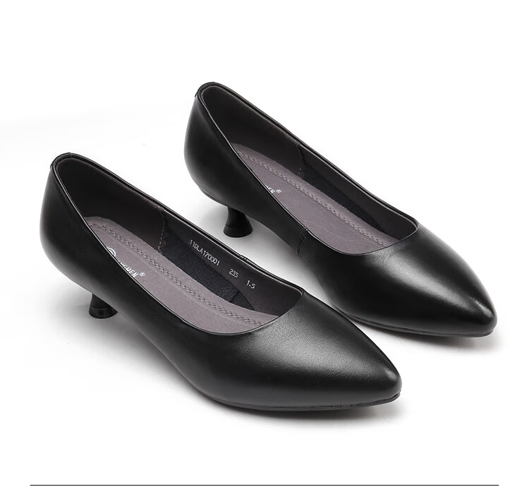 Qiangren Pointed Toe Women's Flats, Shallow Mouth Mid-Heel Breathable Leather Shoes, 4CM Work High Heels, JDLA170001, Black, Size 35 9