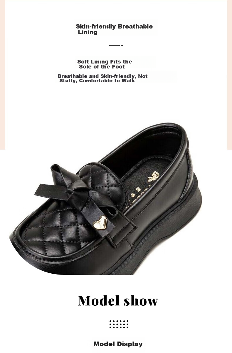 Follow Me Girls' Leather Shoes, Chanel-Style Soft-Soled Princess Flats, Children's Black Stylish Performance Shoes, Black, Size 34 7