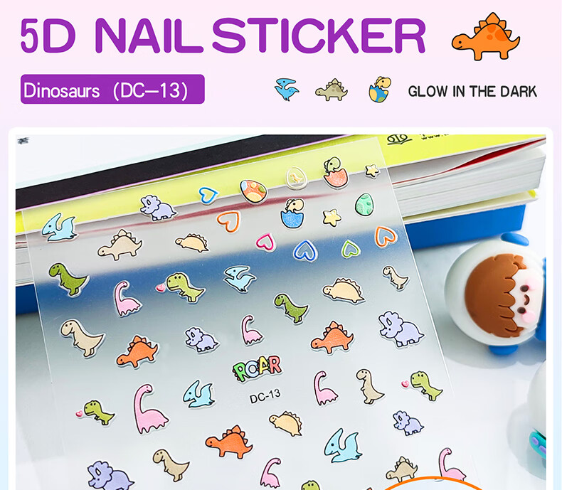 Diyu Glow-In Nail Stickers for Children And Girls, Embossed Nail Art Decals, Removable Waterproof 3-Year Baby Kids Fluorescent Nail Stickers 15