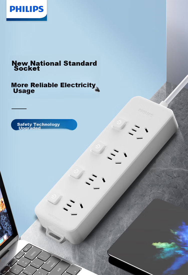 PHILIPS New National Standard Safety Power Strip Side Plug Socket 2.8m Split Control 6 Outlets Two-Prong Three-Pin Socket Travel Portable Multi-Outlet Extension Cord Power Board 1