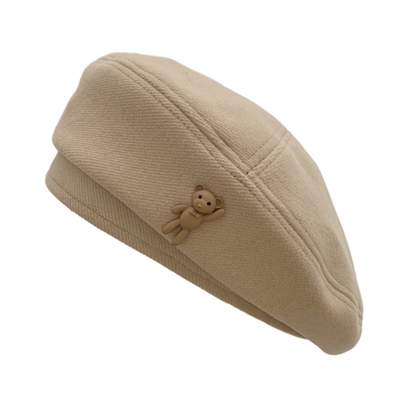XUEXIMAN Japanese Vintage Cartoon Bear Brown Wool Beret Women's Fashionable Elegant Painter Hat