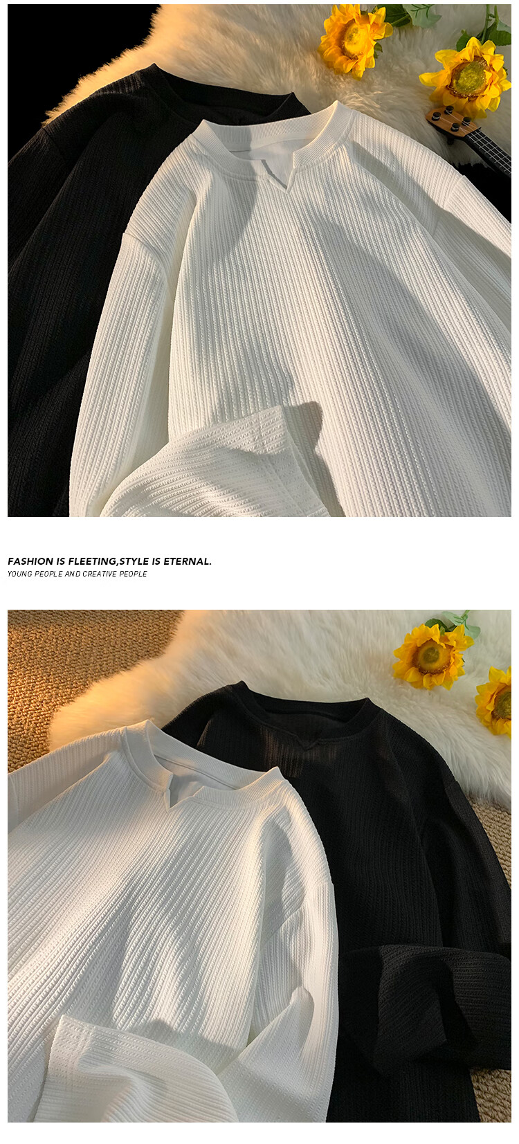 POUM Trendy Inner Layer Sweatshirt for Men, Spring And Autumn Casual Couple Loose Long-Sleeve Undershirt HT24038 White 2XL 2