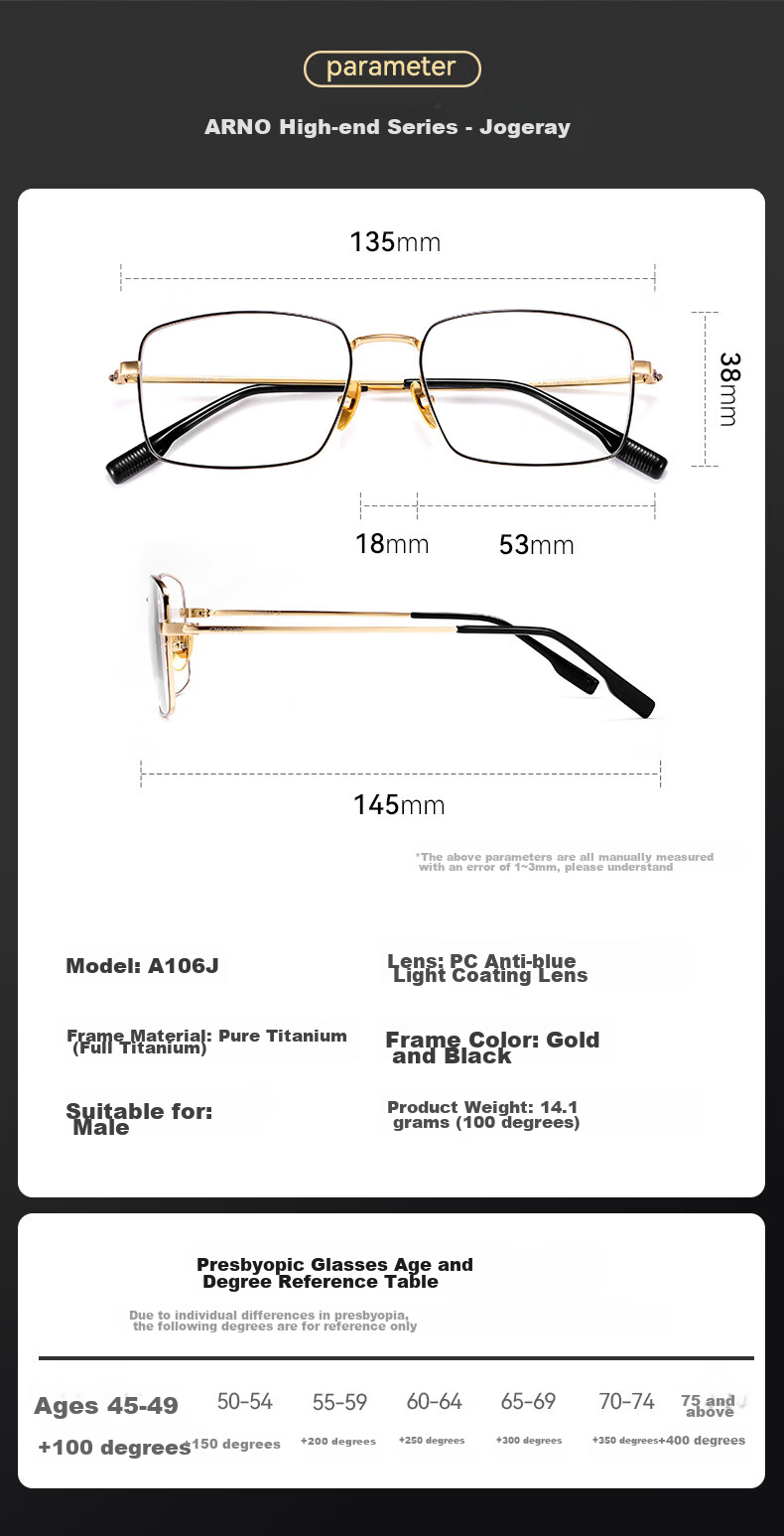 ARNO FOCUS ON YOUR EYES Ultra-Light Pure Titanium Reading Glasses for Men, German Import High-Definition Anti-Blue Light Premium Brand Glasses for Elderly A106 200 Degrees 12