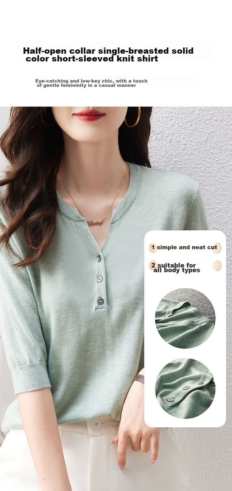 Dme [Baohe Milk Cheese] Spring And Summer Semi-Open Collar Sweater with Wool, Five-Quarter Sleeve, Petite Knit Top for Wome 3
