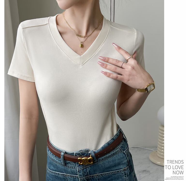 Langsha Women's Summer Short Sleeve V-Neck Slim Fit Modal Basic Top 22