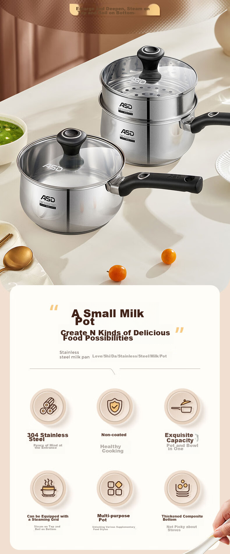 ASD Milk Pot, 304 Stainless Steel, 16CM, Baby Food Pot, Compatible with Induction And Gas Stoves, Soup Pot, NS16B1WG 3