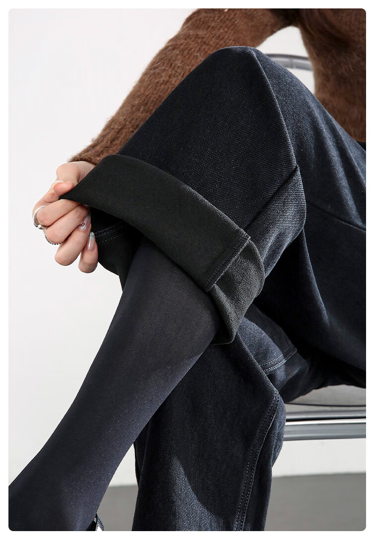 Dme Vintage Style Winter Double-Layer Thick Warm Fleece Straight-Leg Cropped Jeans for Women, Carbon Black, Size 26 16