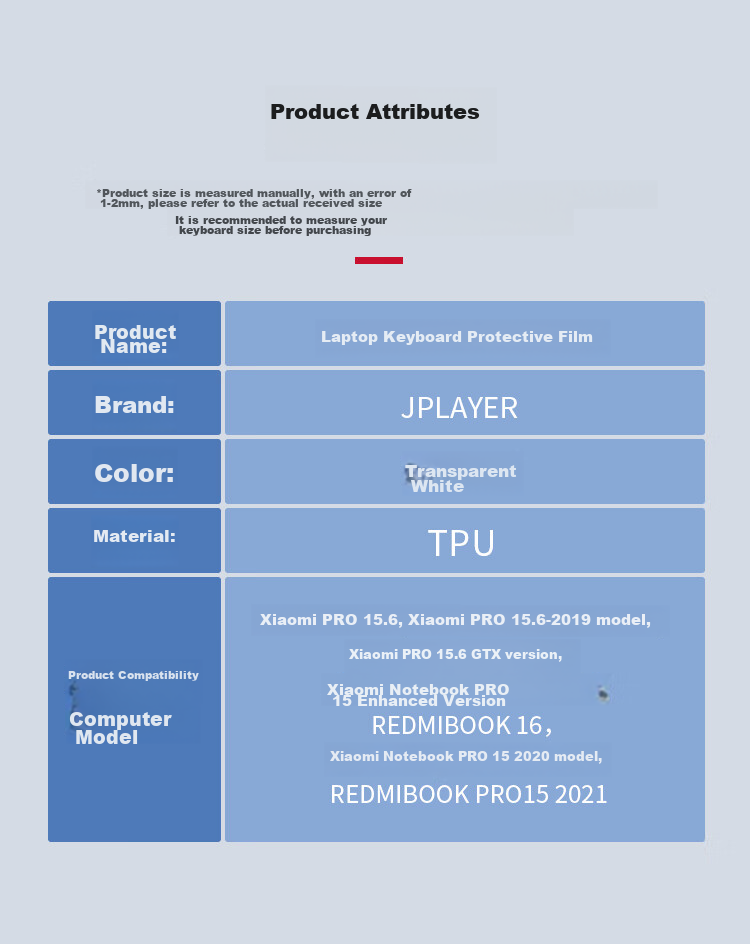 JPLAYER Keyboard Protector for Xiaomi Book Pro15|Redmi Book Pro15 2021 Laptop, High Transparency Ultra-Thin Invisible Film, Waterproof And Dustproof 11