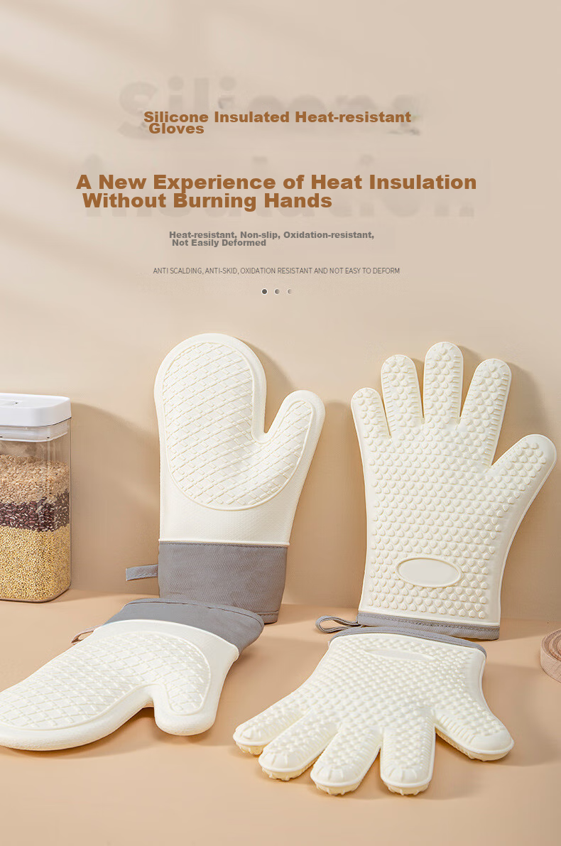 Jekero Heat-Resistant Gloves, Insulated Thickened High-Temperature Resistant Five-Finger Silicone Oven Gloves, Kitchen Microwave Baking Specialized, One Pair 1