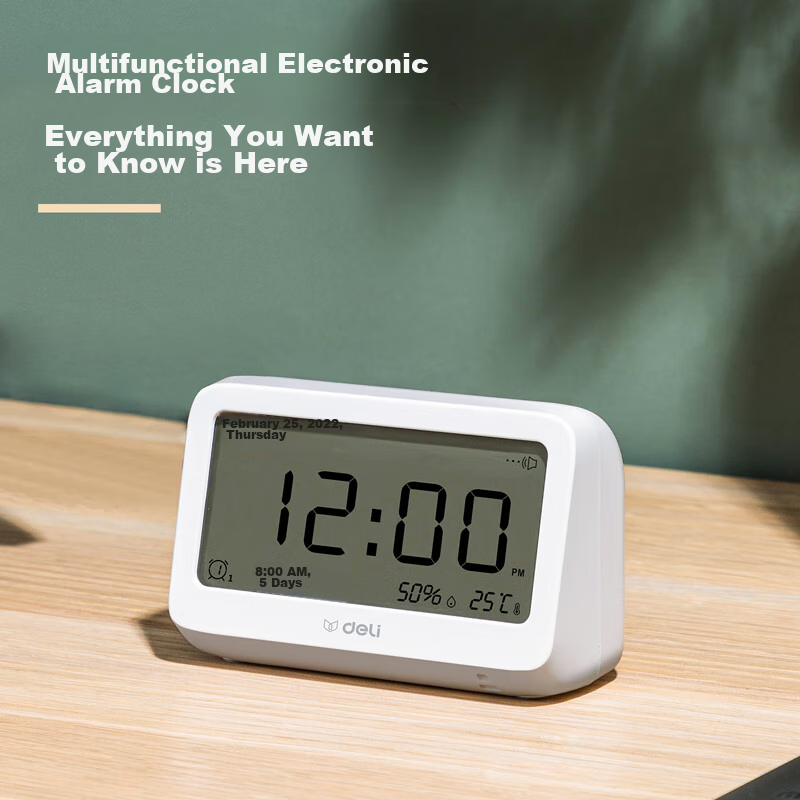 Deli Multifunctional Electronic Alarm Clock with Temperature And Humidity Display, Large Screen Time Management, Back-To Season for Students, White, LE100-WH