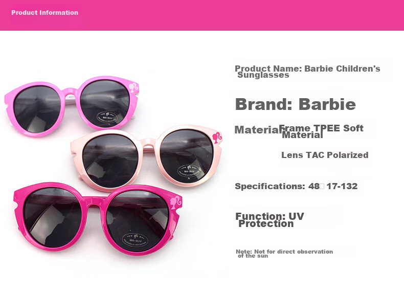 Barbie Children's Sunglasses, Girls' Summer Fashion Sunglasses, Kids' UV Protection Glasses, Baby Fashion Polarized Glasses 2