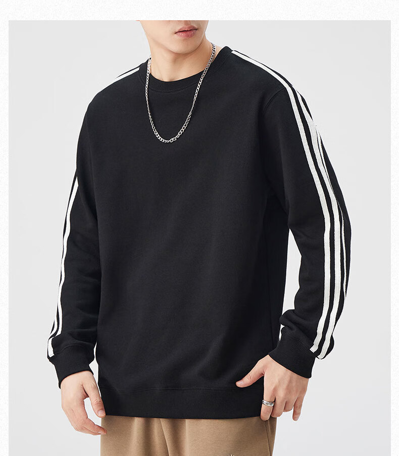 Dingfengbaoluo American-Style Striped Sweatshirt for Men, Spring Solid Color Pullover Round Neck Undershirt, Loose Versatile Top QZ33 White XL 12