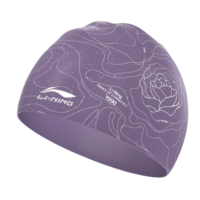 Li-Ning Swimming Cap for Women with Long Hair, Silicone Waterproof Swim Cap, Fashionable Floral Pattern for Men And Women, Model 0167, Gray And Purple Color