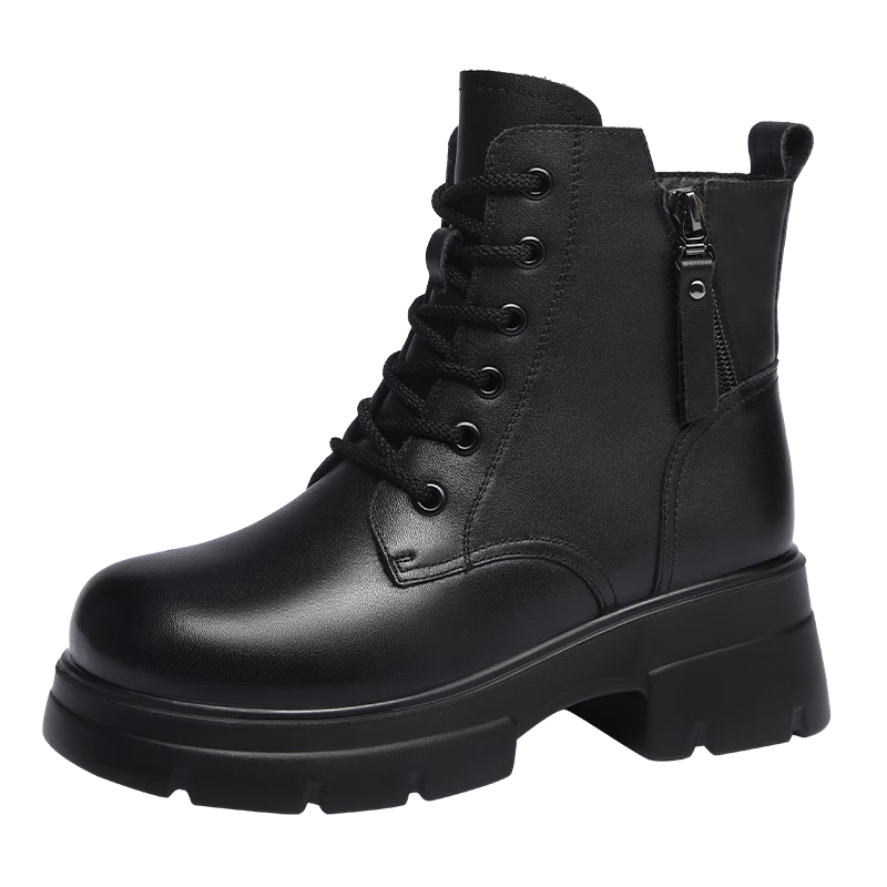 Red Dragonfly Women's Martin Boots Fleece Lined Warm Slimming Short Boots Petite Thick Sole Height Increasing Leather Boots WTC442891H Black Size 35