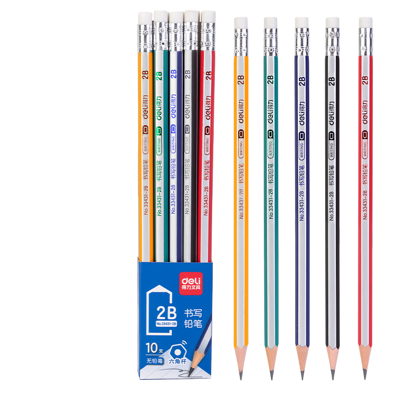 Deli 10-Pack 2B Pencils Classic Colorful Striped Hexagonal Pencils with Eraser Student Writing Sketch Drawing Pencils 33431-2B Back to School Stationery