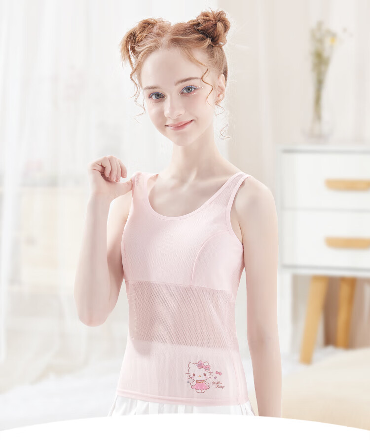 Hello Kitty Girls' Training Bra, Developmental Underwear, Breathable Camisole, Girls' Bra, Thin Summer Style, 88009 White-Pink, Size 150 1