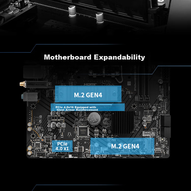 MSI B760M BOMBER WIFI DDR4 Motherboard, Supports CPU 14600KF/13490F/14490F (INTEL B760/LGA 1700) 4