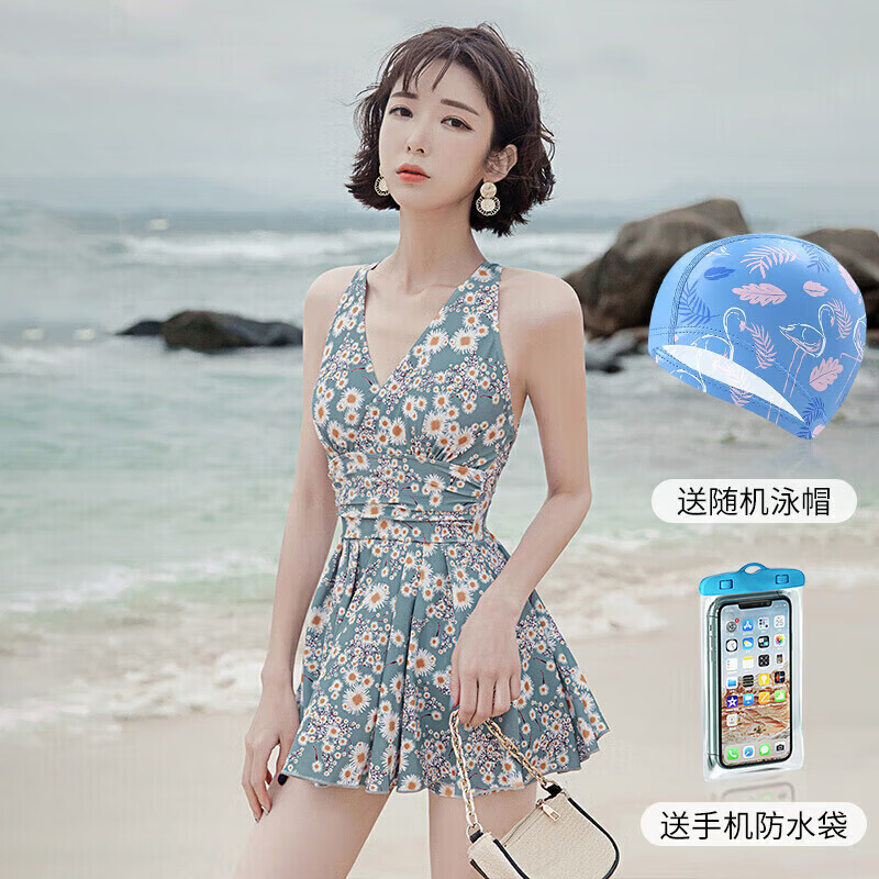 佑游游泳衣女夏保守遮肚显瘦女士性感连体温泉泳装12122蓝色 L